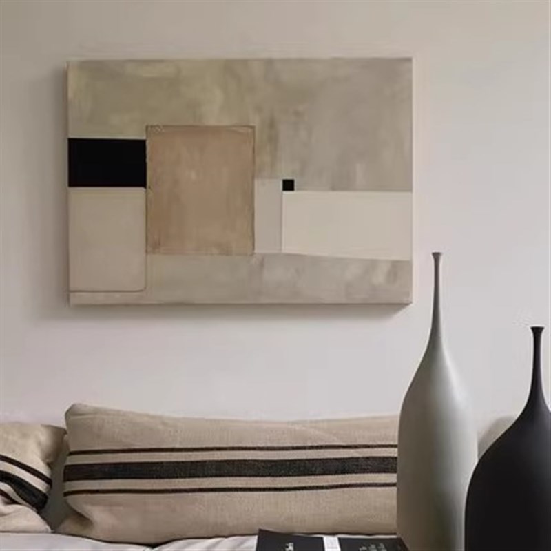 手绘抽象几何线条肌理油画侘寂风立体客厅装饰画卧室床头极简挂画图片