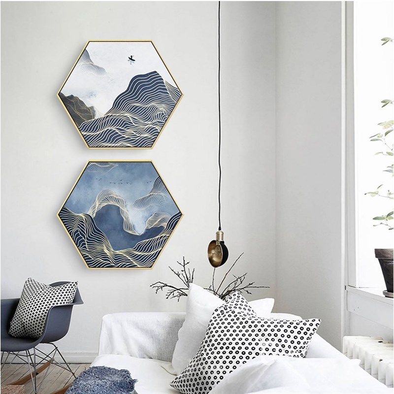 新山水写意装饰画现代六边形灰色背景办公室墙面墙画,家居饰品,现代装饰画,淘宝优惠券,粉丝福利购,淘宝优惠卷