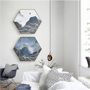 新山水写意装饰画现代六边形灰色背景办公室墙面墙画