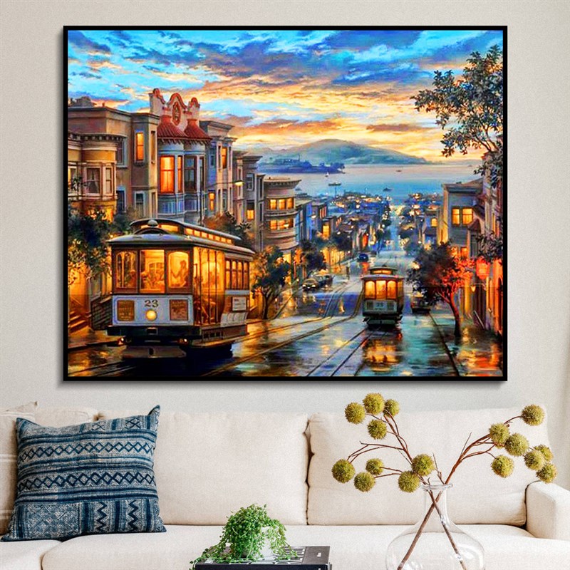 欧美城市街景建筑 diy数字油画手绘填色卧室客厅墙壁装饰油彩画