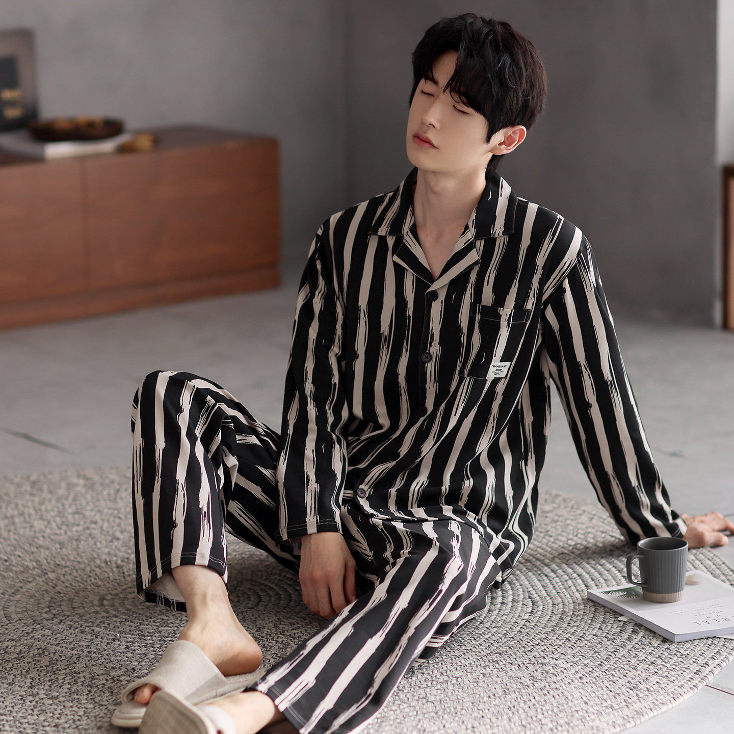 男士纯棉长袖春秋薄款大码睡衣