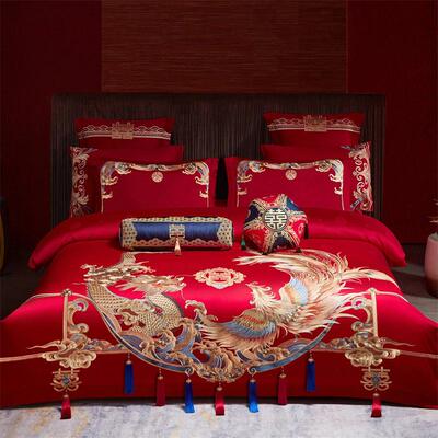 140支高端婚庆四件组长绒棉大红色龙凤刺绣全棉新结婚房床品八十