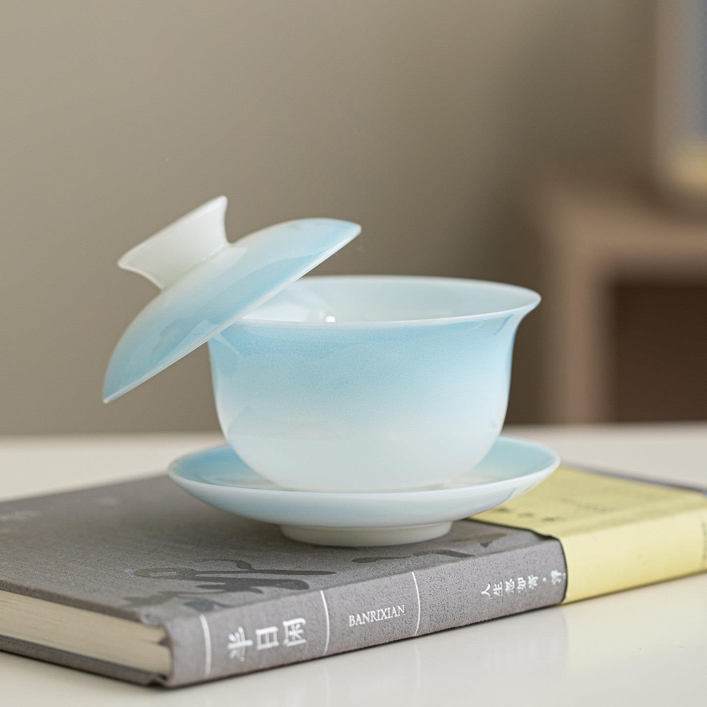 玉瓷渐茶层三20260306才盖碗冲杯茶冰种玉璞白瓷泡碗茶杯整套功夫