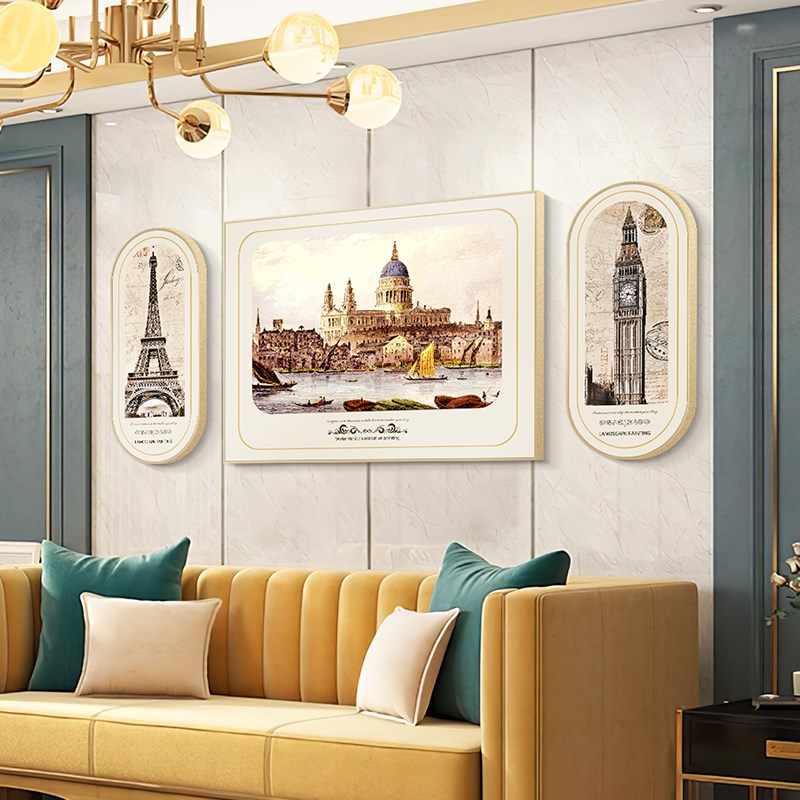 法式装饰画欧式挂画建筑名画客厅沙发背景墙三联画复古油画样板间图片