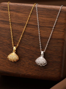 甜美珍珠贝壳扇形吊坠钛钢项链女锁骨链可打开个性百搭女饰品