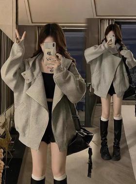 美式重磅空气层不规则开衫卫衣女秋冬加绒加厚情侣款小众夹克外套