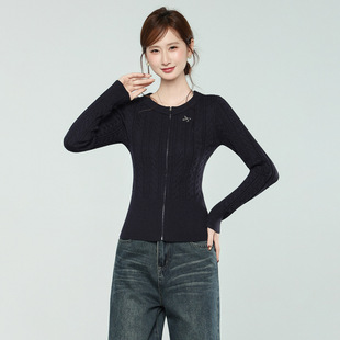 藏蓝麻花长袖针织毛衣外套冬季新款打底衫内搭修身加厚开衫上衣女