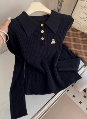 素写大码黑色polo领毛衣女秋冬新款胖MM宽松显瘦慵懒风针织衫上衣