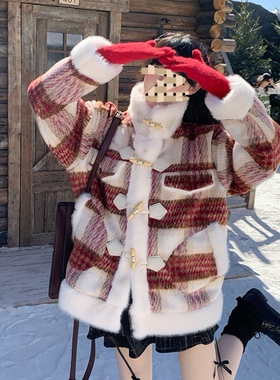 小香风格纹羊羔绒夹棉外套女冬新款韩系保暖羊角扣立领棉服