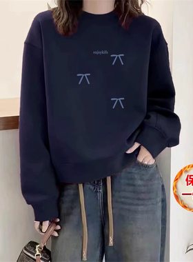 欧货圆领加绒加厚藏青色卫衣女2025秋冬季宽松高级感时尚印花上衣