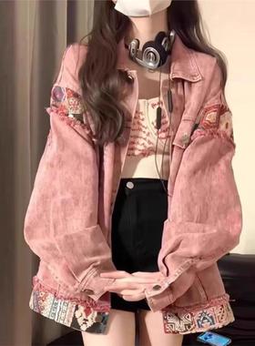 大尺码美式覆古拼接牛仔外套女春秋设计感小众休闲 百搭工装夹克