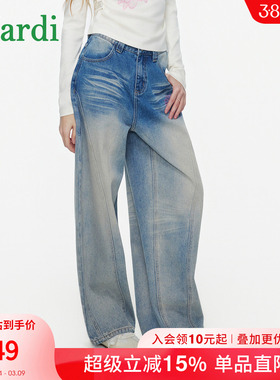 MARDI美式复古水洗做旧弯刀牛仔裤女宽松阔腿拖地长裤直筒女士