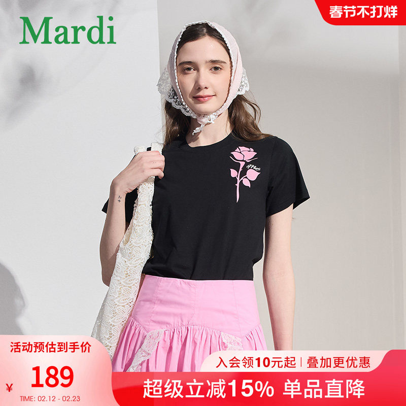 MARDI官方正品黑粉玫瑰时尚短袖T恤纯棉棉质圆领文艺风上衣20