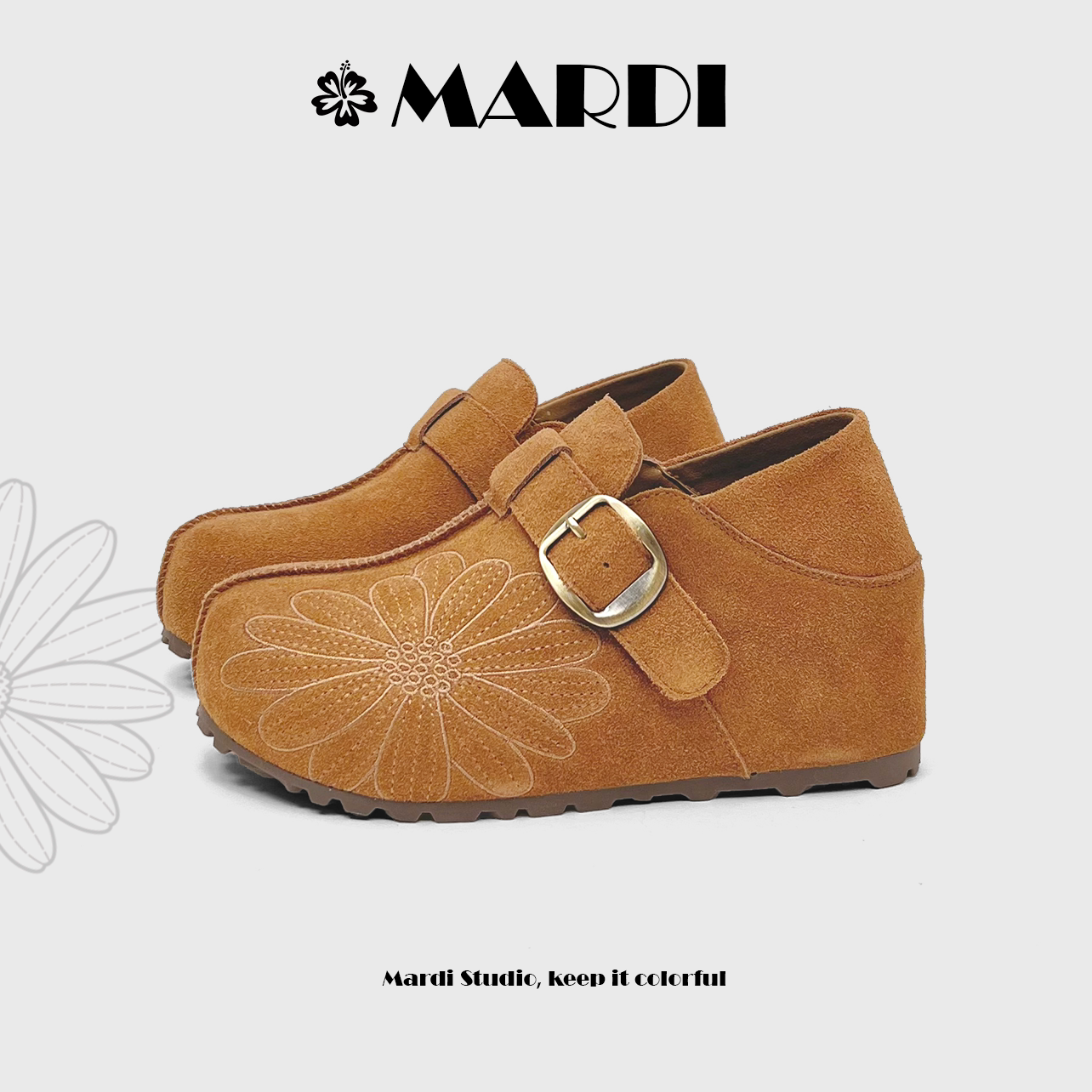 【MARDI官方】内增高勃肯鞋磨砂皮厚底26年春复古雏菊刺绣休闲鞋
