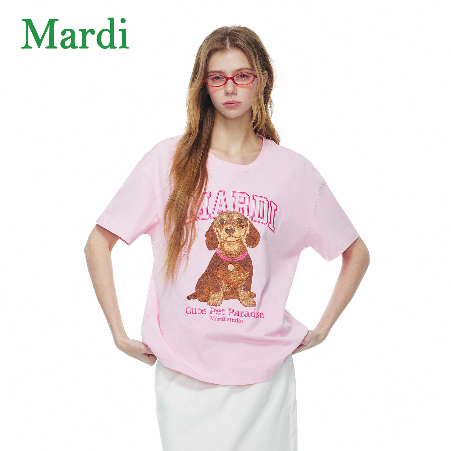 MARDI粉色卡通小狗短袖T恤女