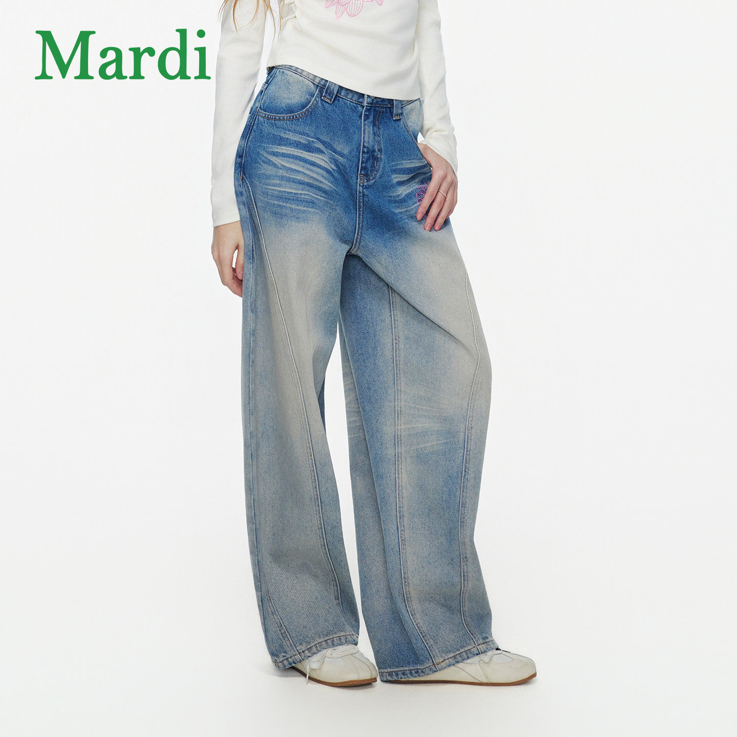MARDI美式阔腿拖地长裤复古水洗做旧弯刀牛仔裤女宽松直筒女士