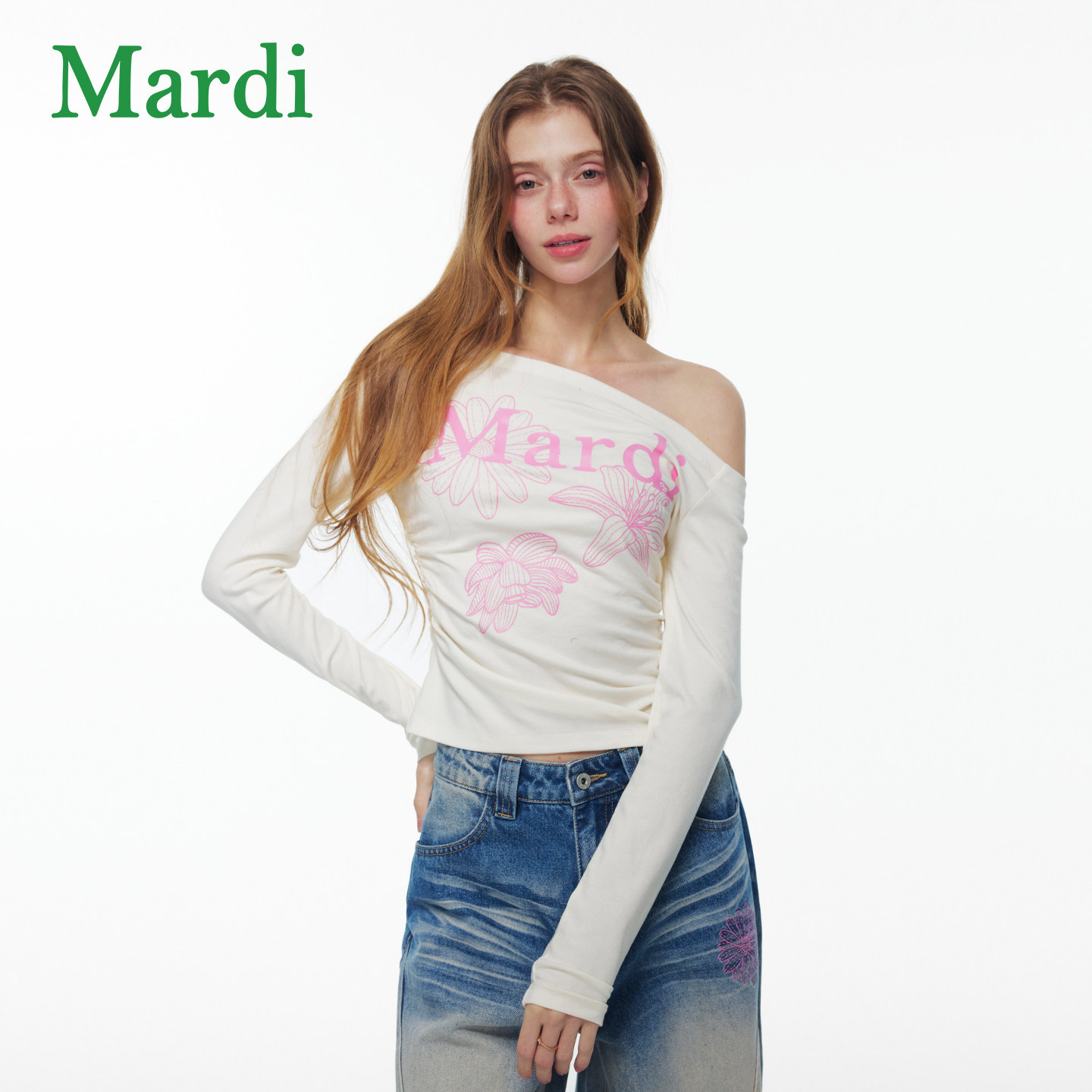 MARDI斜肩时尚长袖T恤女宽松显瘦防晒罩衫上衣休闲风女式时尚日