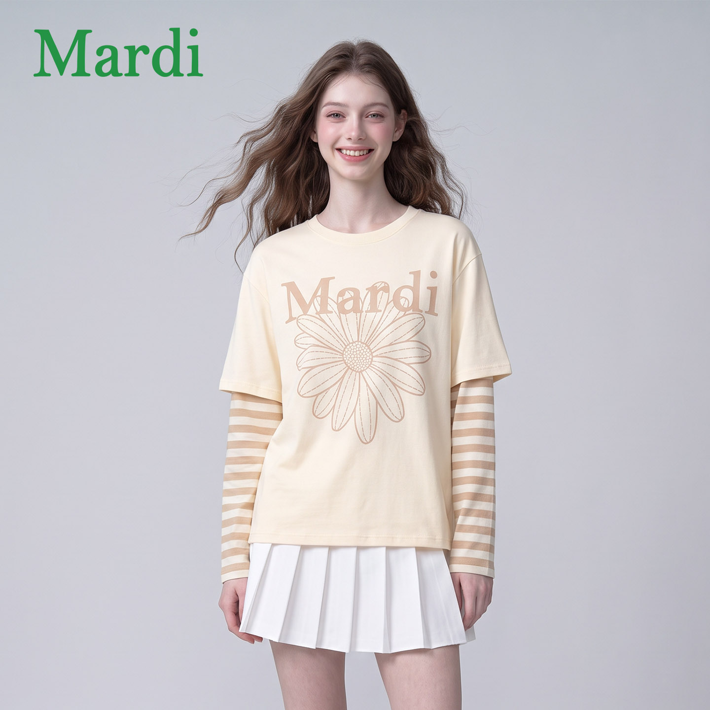 MARDI秋季雏菊条纹拼接长袖T恤图片