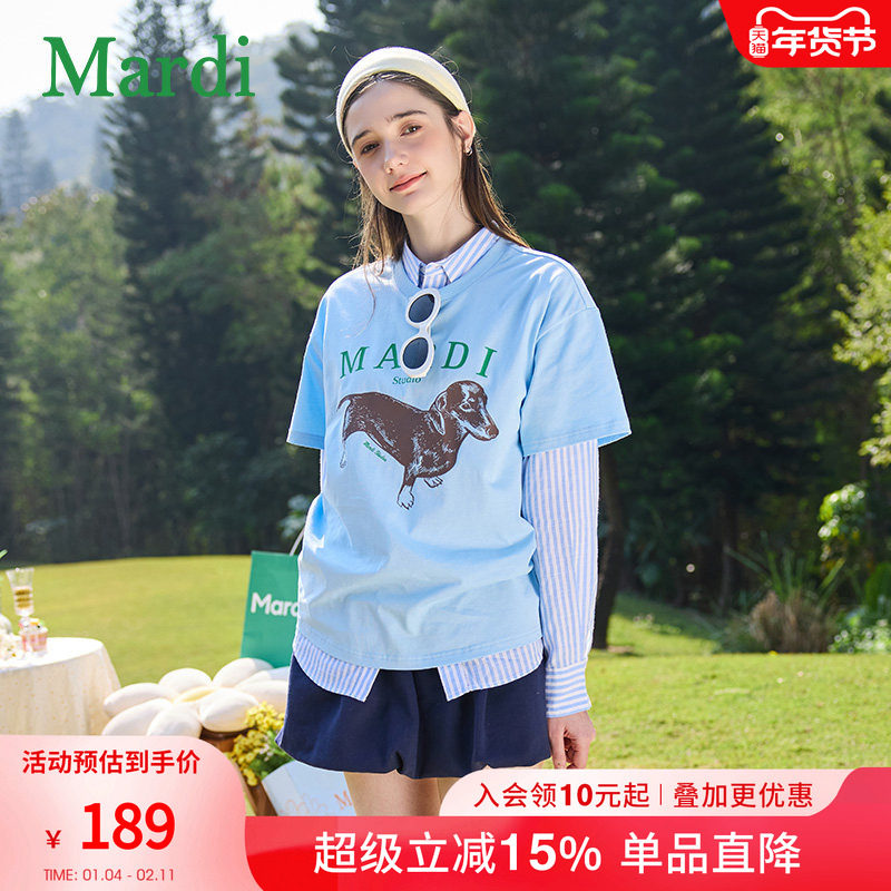 MARDI经典腊肠狗字母时尚短袖2026夏季修身显瘦圆领纯棉t恤