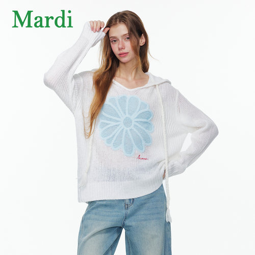 MARDI连帽针织衫26新款雏菊刺绣罩衫女长袖宽松休闲上衣花朵毛衣