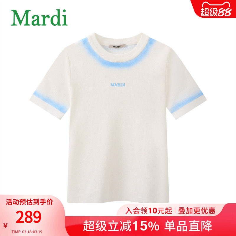 MARDI撞色领短袖T恤女米白蓝色修身百搭休闲上衣圆领刺绣通勤风