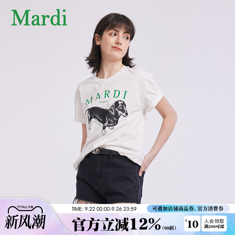 MARDI官方正品纯棉t恤经典腊肠狗字母印花短袖修身显瘦圆领上衣女
