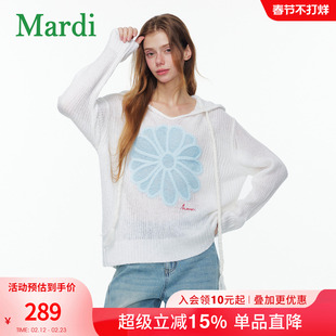 MARDI连帽针织衫26新款雏菊刺绣罩衫女长袖宽松休闲上衣花朵毛衣
