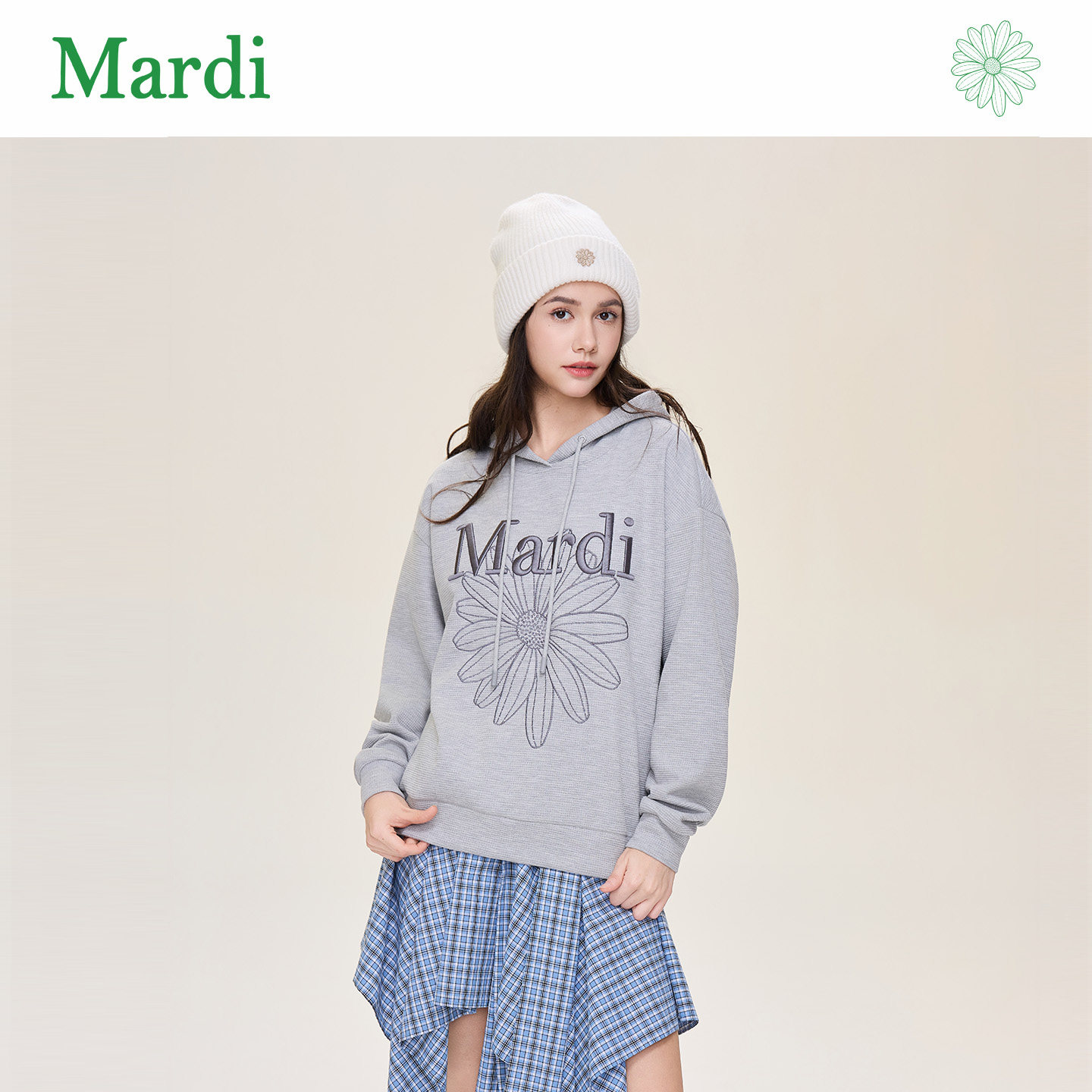 MARDI/玛尔帝花朵印花连帽卫衣灰色宽松休闲上衣女时尚百搭潮流