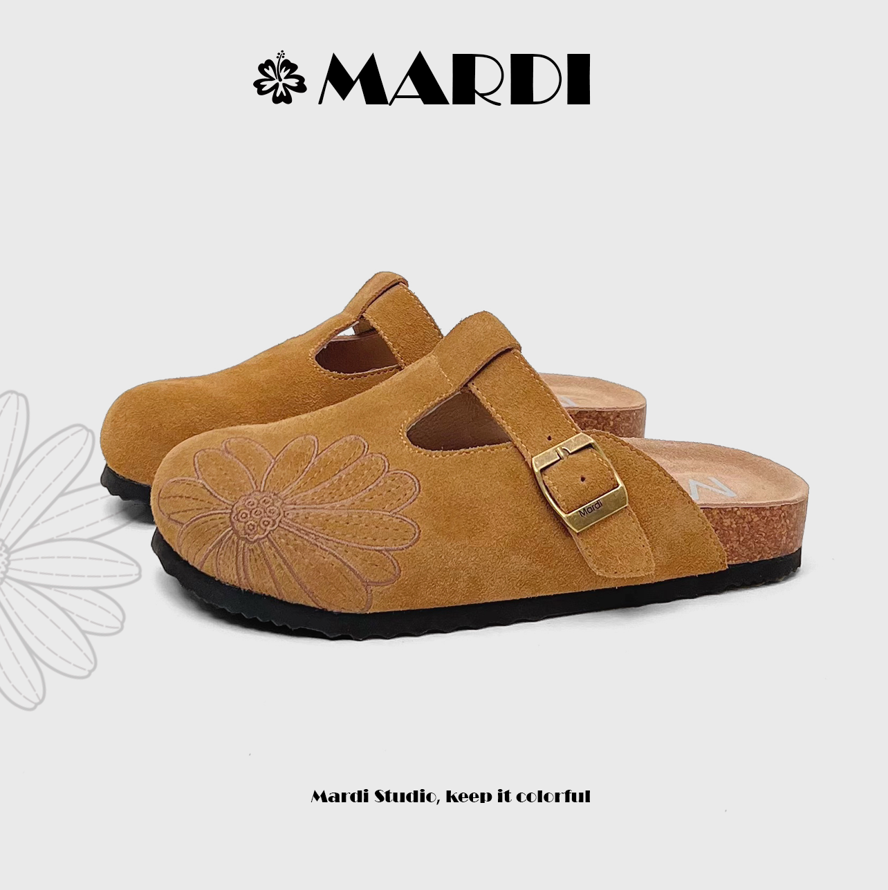 【MARDI官方】勃肯鞋小雏菊刺绣半拖鞋休闲复古低跟一脚蹬懒人鞋