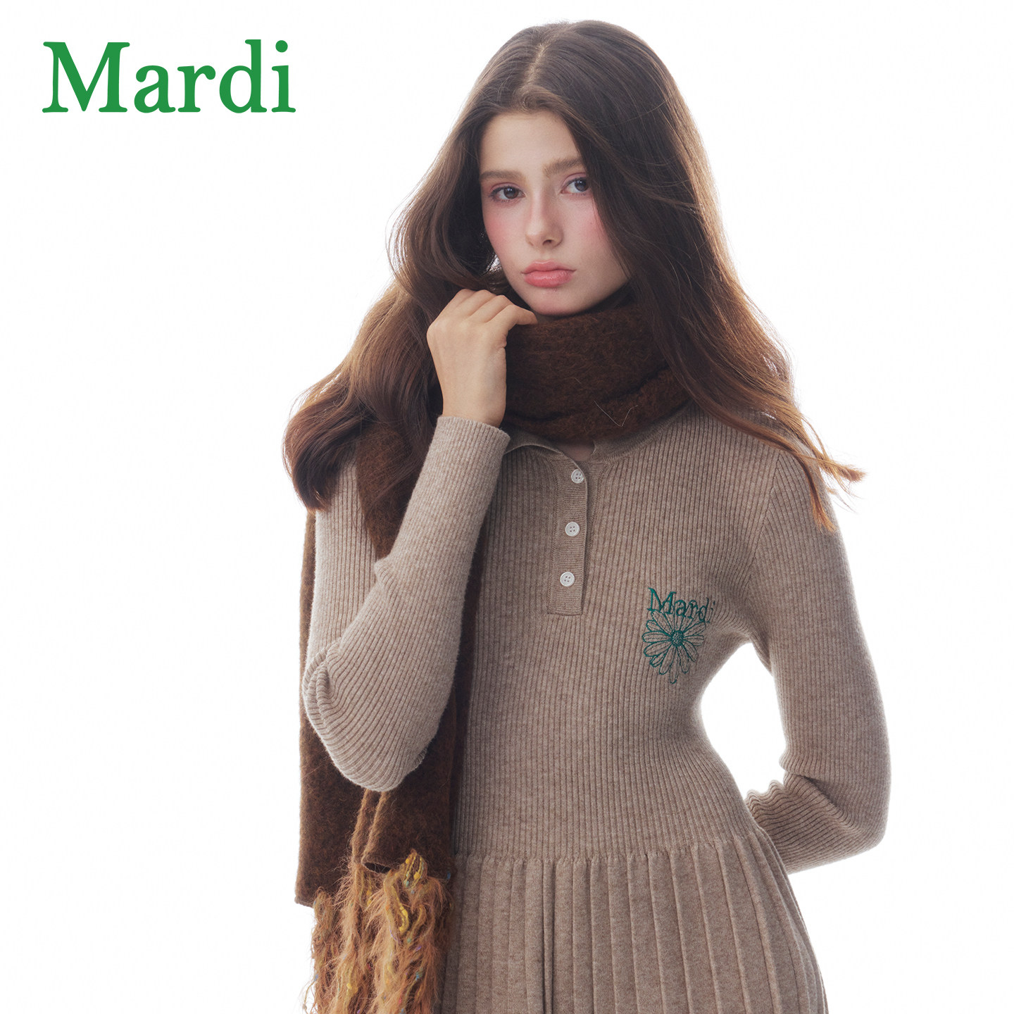 MARDI针织连衣裙女春季新款长袖百褶中长款时尚气质显瘦打底裙子