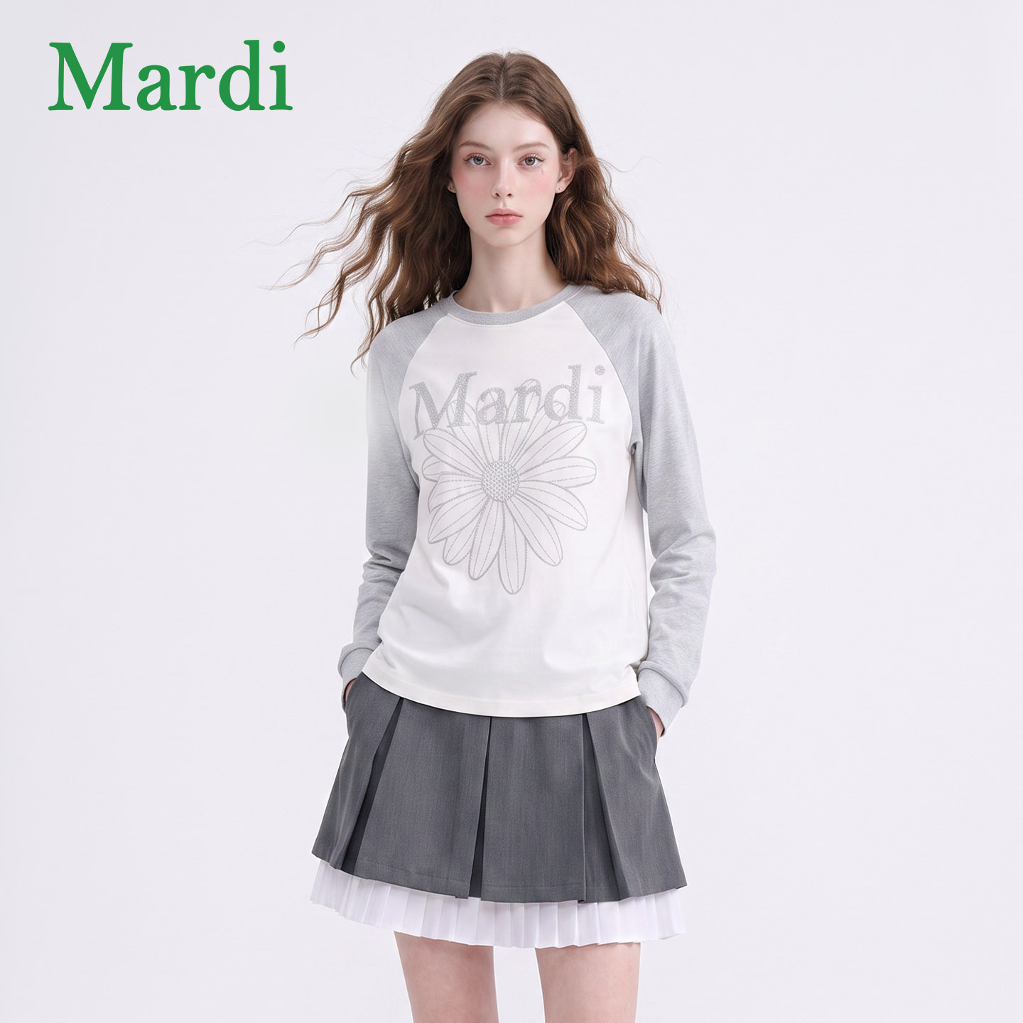 MARDI秋季女雏菊插肩撞色T恤