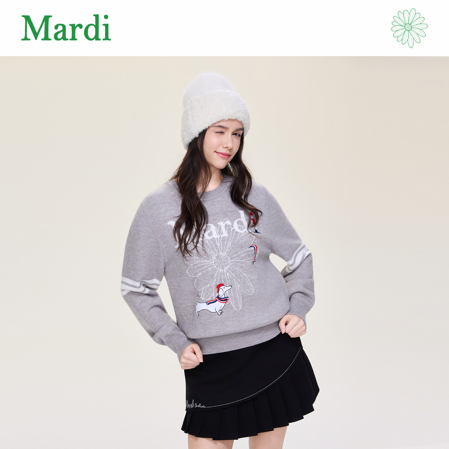 MARDI/玛尔帝26秋新款雏菊圆领针织衫女宽松休闲长袖百搭通勤毛衣