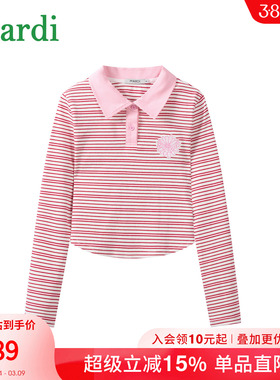 MARDI条纹长袖POLO衫女翻领百搭休闲针织常规宽松型日常粉色上衣