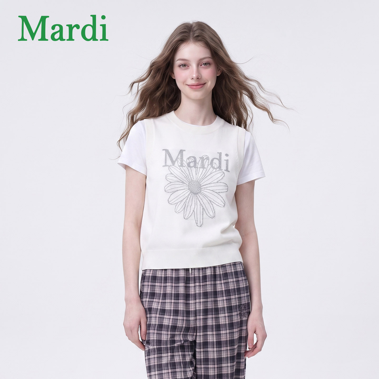 MARDI26秋季雏菊风无袖背心T恤女圆领印花宽松显瘦上衣简约休闲