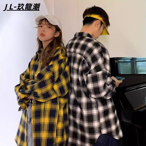 长袖格子衬衫男情侣春秋宽松百搭衬衣男女轻奢潮流时尚复古衬衣男