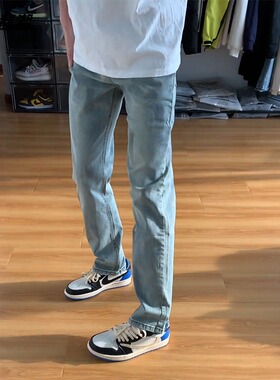 美式复古浅蓝色牛仔裤男春秋水洗弹力直筒长裤男高级感显瘦裤子男
