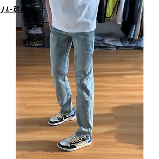 男高级感显瘦裤 男春秋水洗弹力直筒长裤 子男 复古浅蓝色牛仔裤 美式