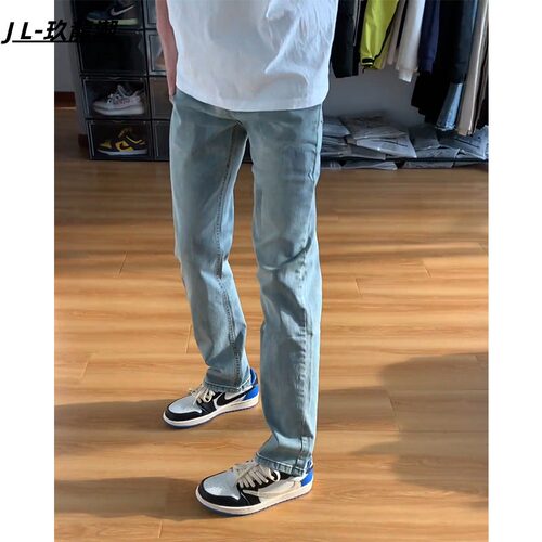 美式复古浅蓝色牛仔裤男春秋水洗弹力直筒长裤男高级感显瘦裤子男