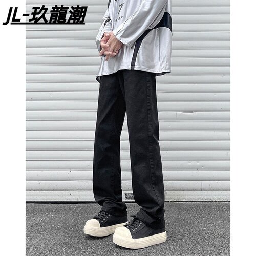 美式hiphop黑色牛仔裤子男春秋设计感高街百搭显瘦直筒窄版长裤男
