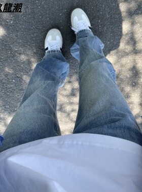 浅蓝色水洗牛仔裤男春夏cleanfit美式高街痞帅修身弹力直筒长裤子