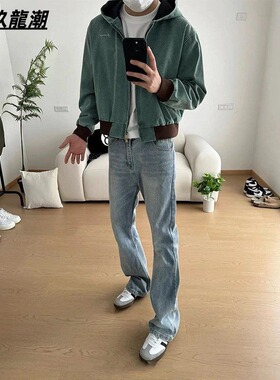 春夏美式复古vujade裤子男高街潮牌浅蓝色cleanfit牛仔裤男直筒裤