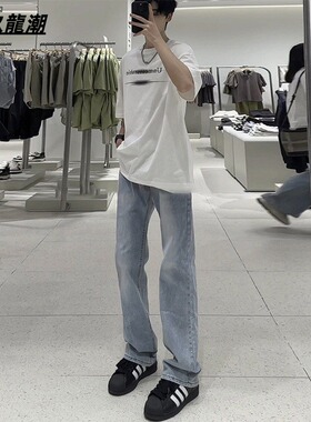 浅蓝色直筒牛仔裤男春夏高个子修身长裤美式vibe高街弹力窄版裤子