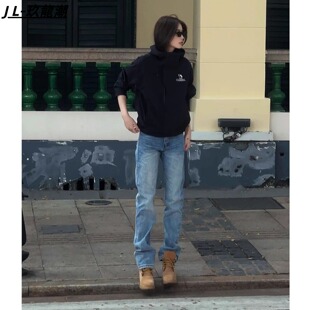 弹力显瘦长裤 男女情侣通勤窄版 子男 高街浅蓝色直筒牛仔裤 春秋美式