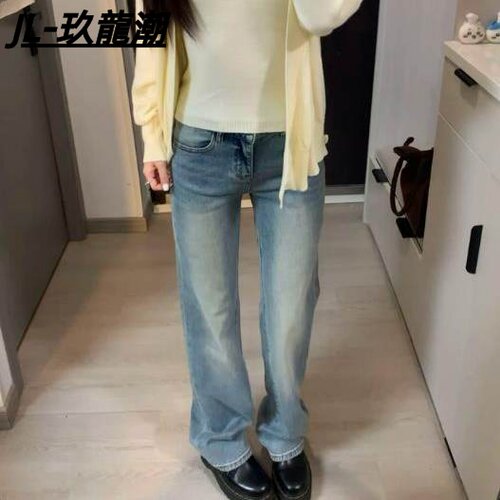 浅蓝色水洗牛仔裤男女春秋通勤情侣美式高街vibe显瘦窄版直筒长裤