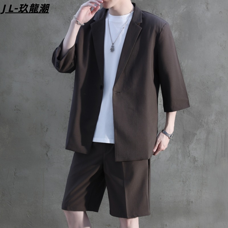 西装套装男轻熟风七分袖夏季薄款韩版宽松短裤男士时尚西服两件套