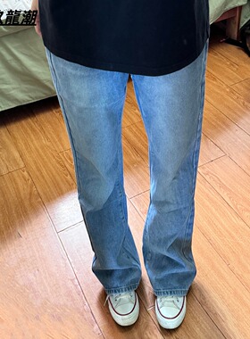 浅蓝色牛仔裤男春秋美式高街直筒裤cleanfit中腰显瘦通勤弹力长裤