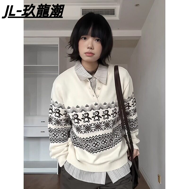 秋冬圣诞企鹅费尔岛覆古花纹圆领毛衣男女通勤针织保暖套头上衣男