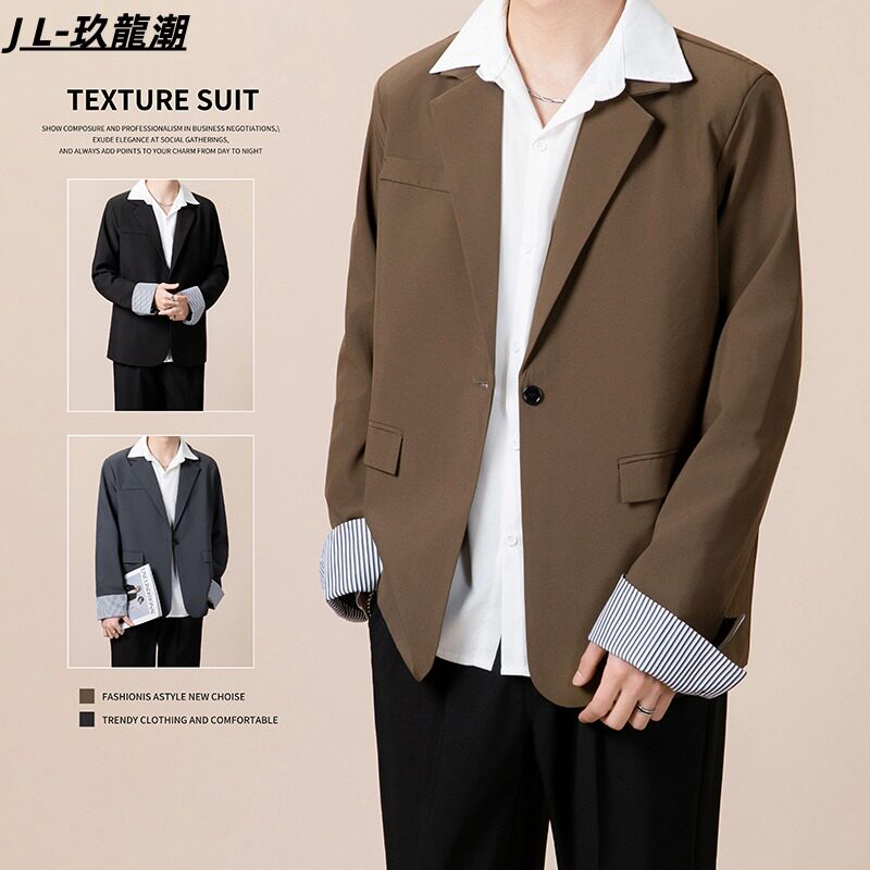 轻奢小西装男秋季韩版潮流复古休闲西服宽松男士单西百搭黑色外套