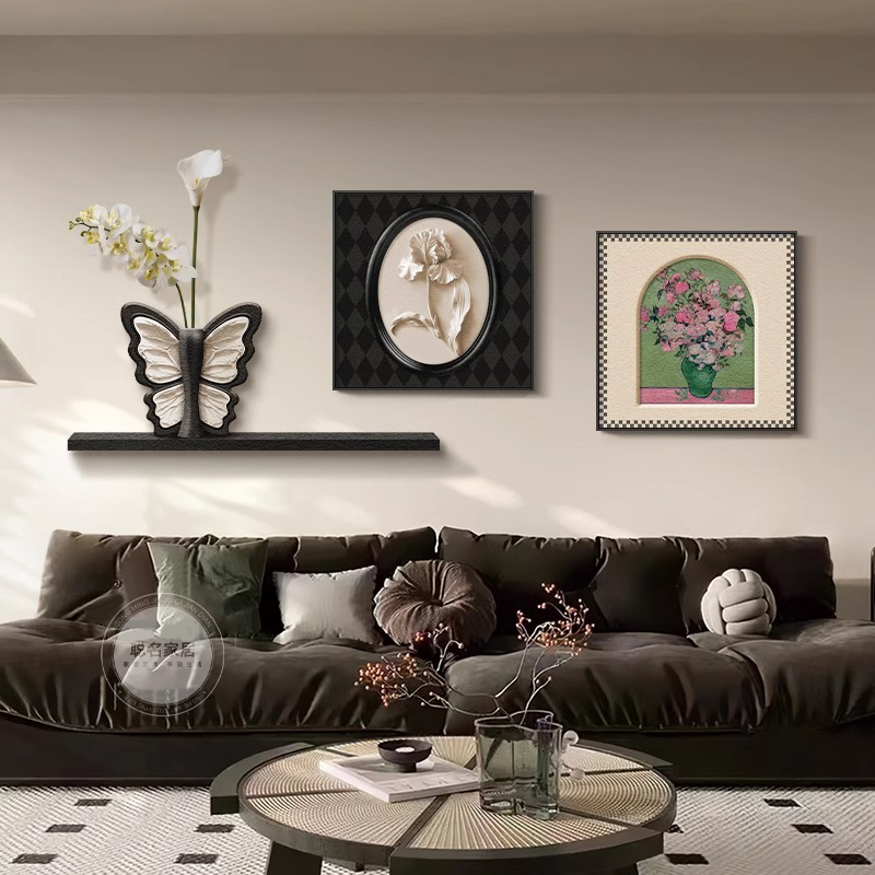 中古风客厅装饰画立体蝴蝶花卉沙发背景墙挂画法式复古餐厅组合画图片