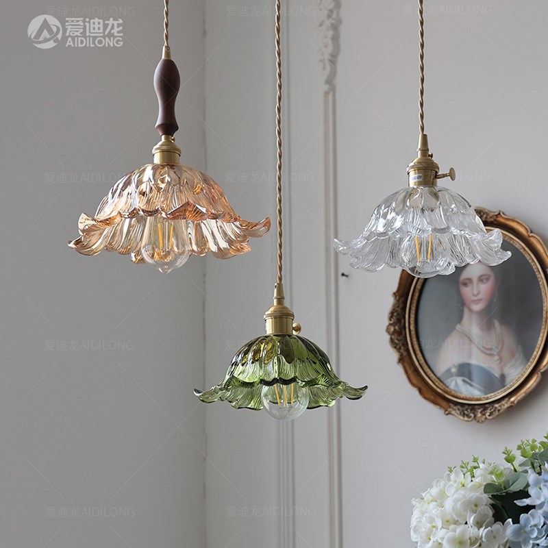 复古风法式黄铜小吊灯胡桃木餐厅吧台民宿床头绿色玻璃花朵吊灯